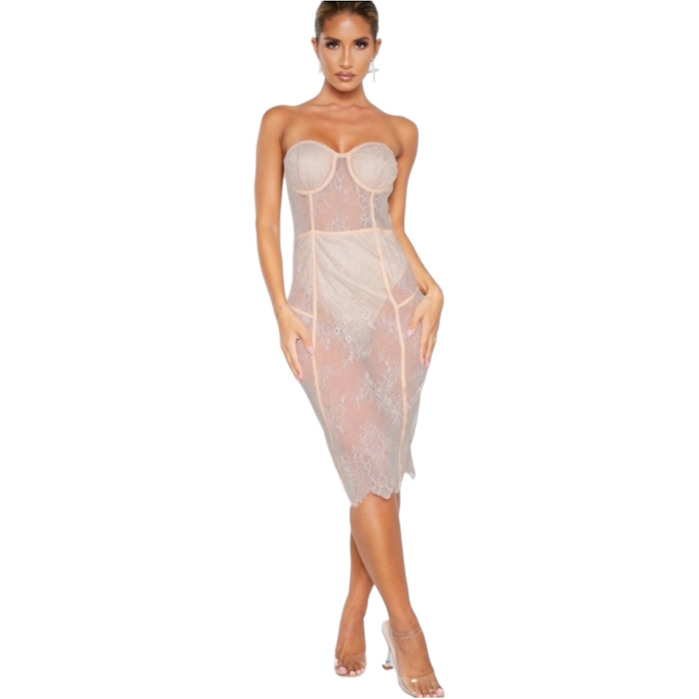 PLT Nude Bandeau Cup Detail Lace Midi Dress